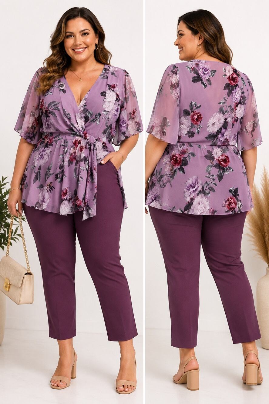 City Chic 14W Lavender Floral Faux Wrap Blouse | Chiffon Lined Plus Size Top